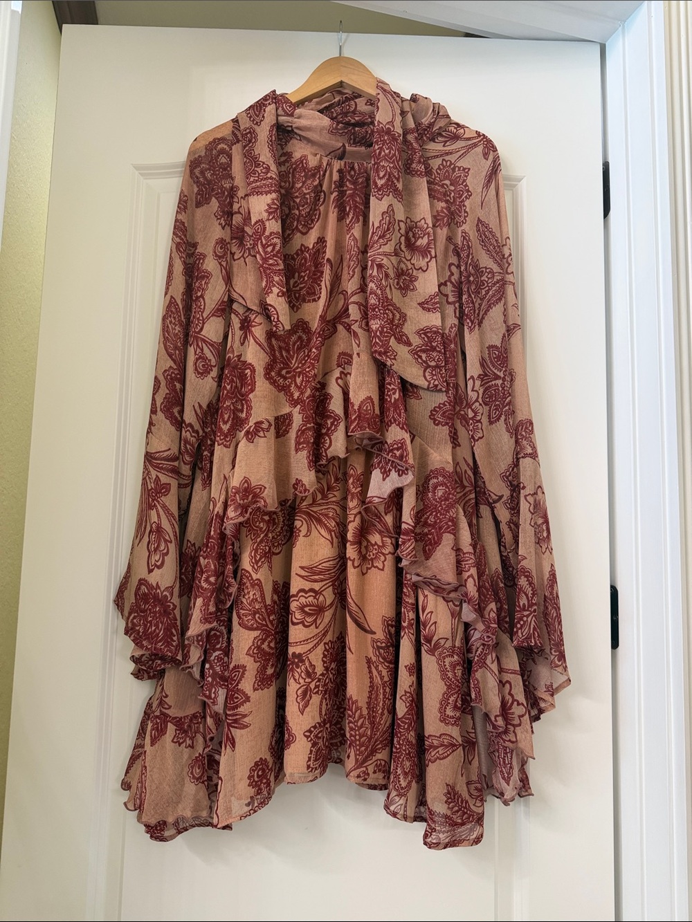 Ruffled Floral Tie-Neck Blouse - Beige with Burgundy Floral